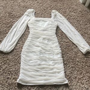 Windsor White Ruched Bodycon Dress with Bishop Sleeves